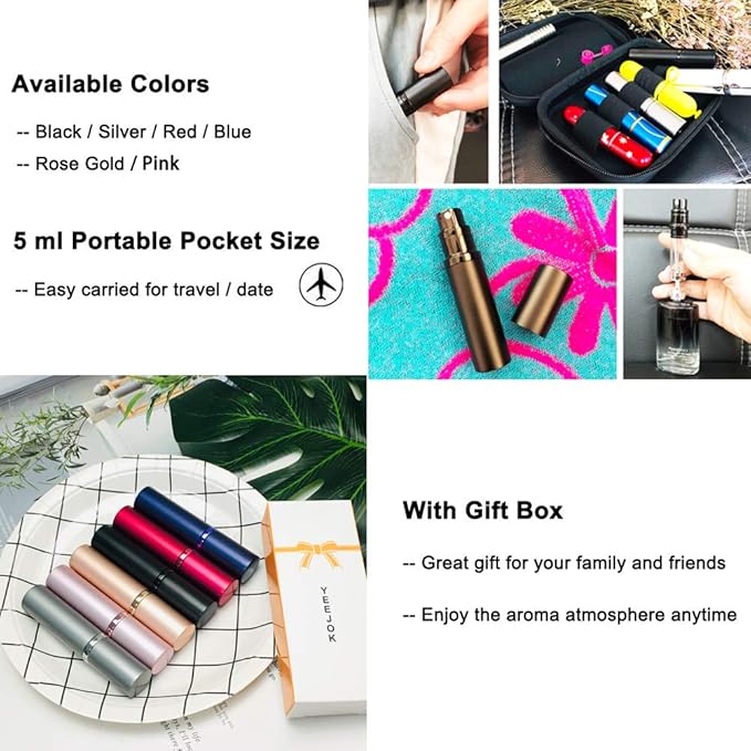 YEEJOK Travel Essentials for Women & Men - Refillable Perfume Bottles, Mini Portable Atomizer Spray Containers, 5ml Bottles for Flying, Purse & Travel Essentials