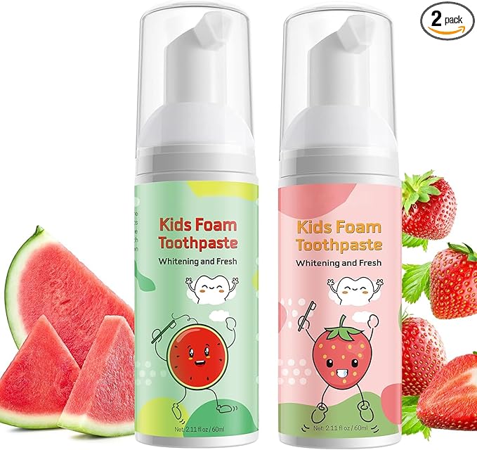 Foam Toothpaste Kids 2PCS, Toddler Toothpaste Cavity Protection, Clean and Whitening, 360ºCare, Portable, Kids Foam Toothpaste with Fluoride for Electric U-Shape Toothbrushes(Strawberry & Watermelon)