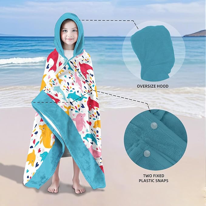 Dolphin Hooded Beach Towel for Boy, 30" x 50" Water Droplets Kids Poncho Bath Towel for Toddler, White & Light Blue Soft Absorbent with Hood for 3-10 Years Bathrobe for Swimming Pool Bath