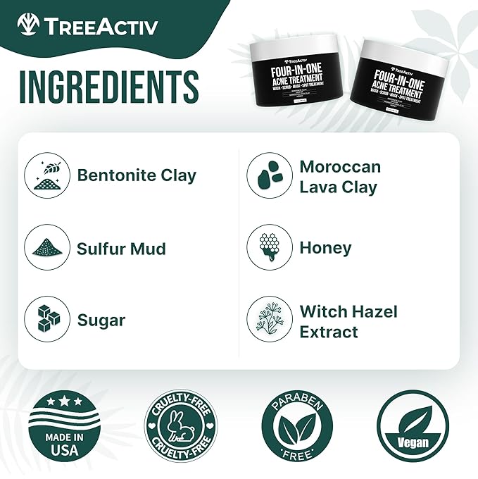 TreeActiv Four-in-One Acne Treatment | Wash, Scrub, Mask, and Spot Treatment | Heals Rosacea | Exfoliating Sugar | Face or Body | Natural Sulfur Clear Skin Cleanser | Bentonite (4 Ounce)