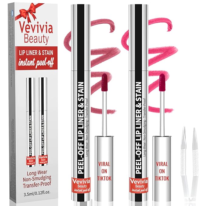 2pcs Lip Stain Peel Off - Lip Liner Stain Long Lasting Waterproof,2-in-1 Lip Liner with Tweezer Nude Matte,Non-Stick Cup,Highly Pigmented，Natural Finish,Stay On All Day,Perfect for Gift (Mauve+Rose)