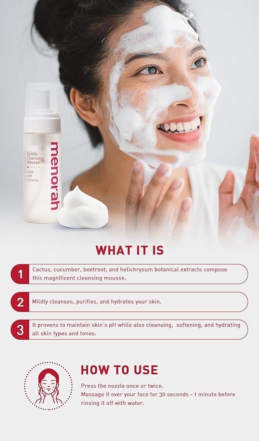 menorah Gentle Cleansing Mousse – Hydrating pH-Balanced Face Wash with Cactus & Cucumber Extracts, Soothing Daily Cleanser for Sensitive & Dry Skin