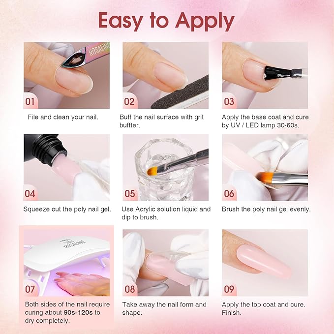 Poly Nail Gel Kit -20 Colors + 76 Nail Art Accessories ROSALIND Nude Clear Poly Nails Gel Kit Starter Kit with Slip Solution Nude Pink Nails Extensions with Mini UV Lamp