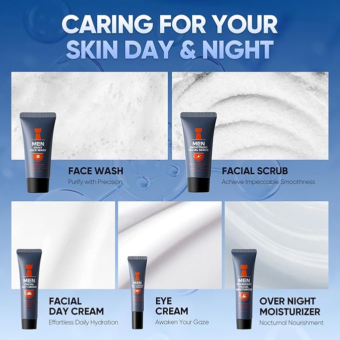 Mens Skincare Set, Valentines Day Gifts for Him, 5Pcs Mens Facial Care Kit - Facial Cleanser, Facial Scrub, Day Cream, Eye Cream and Overnight Moisturizer, Travel Size Mens Skincare Gift Set