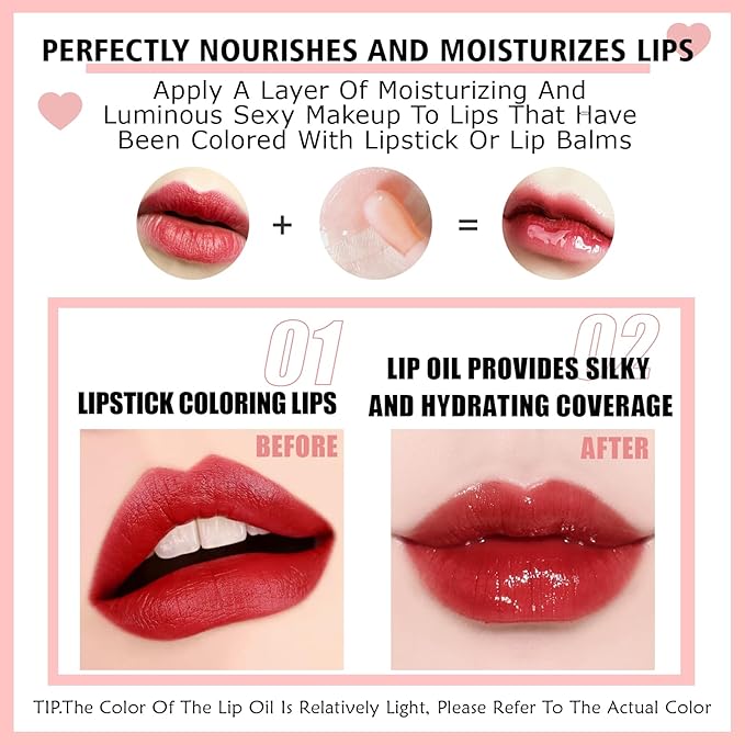 2PCS Lip Oil Set, Hydrating Lip Glow Oil Lip Plumper Gloss, Tinted Lip Oils Transparent Long Lasting Non-sticky Lip Gloss, Plumping Lip Gloss Lip Care Kit (Rosewood & Cherry)