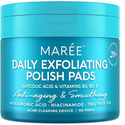MAREE Glycolic Acid Pads - Toner Pads for Face Cleansing - Exfoliating Pad with Tea Tree Oil, Salicylic Acid & Vitamins E, B3, B5 - Acne Clearing, Skin Pore Resurfacing & Radiance Device - 50 Count