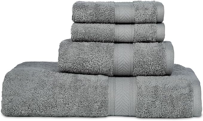 Casa Lino 100% Cotton Bath Towels Set of 4 (1 Bath Towel, 1 Hand Towel & 2 Wash Cloths) - Bathroom Towels and Washcloths Set - Complete Bathroom Set - Guest Room Essentials - (Silver Grey)