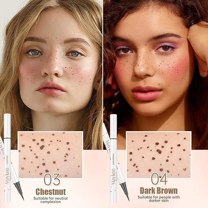 4 Colors Freckle Pen Set, Natural Lifelike Face Fake Freckle Stamp Makeup Pen Waterproof Long Lasting Quick Dry Faux Freckles Sun-kissed Makeup-Light Brown,Natural Coffee,Chestnut,Dark Brown