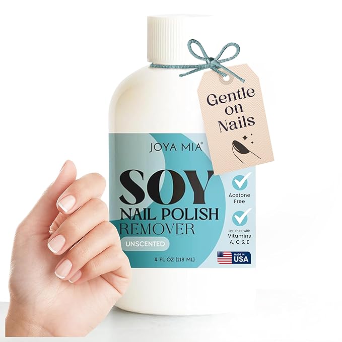 JOYA MIA Soy Nail Polish Remover - Acetone-Free w/Hydrating Ingredients, Nourishing Soy-Based Nail Care, Vegan, Gentle on Cuticles, Great for Quick & Clean Removal, Easy Application - Unscented, 4oz