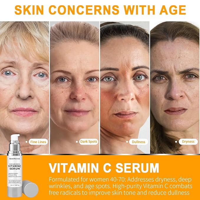 SkinRevive Vitamin C Serum for Women over 70, Vitamin C Serum for Mature Skin Face Hydrates, Firms, Lifts, Targets Age Marks, Wrinkles and Smoothes Skin Texture 1.69 fl oz Pack of 2