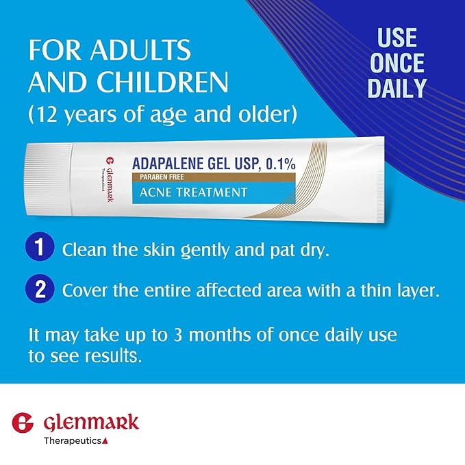 Glenmark Therapeutics Adapalene Gel 0.1% Acne Treatment, Paraben Free Topical Retinoid Cream For Face, Helps Clear and Prevent Acne and Clogged Pores, 45g Tube
