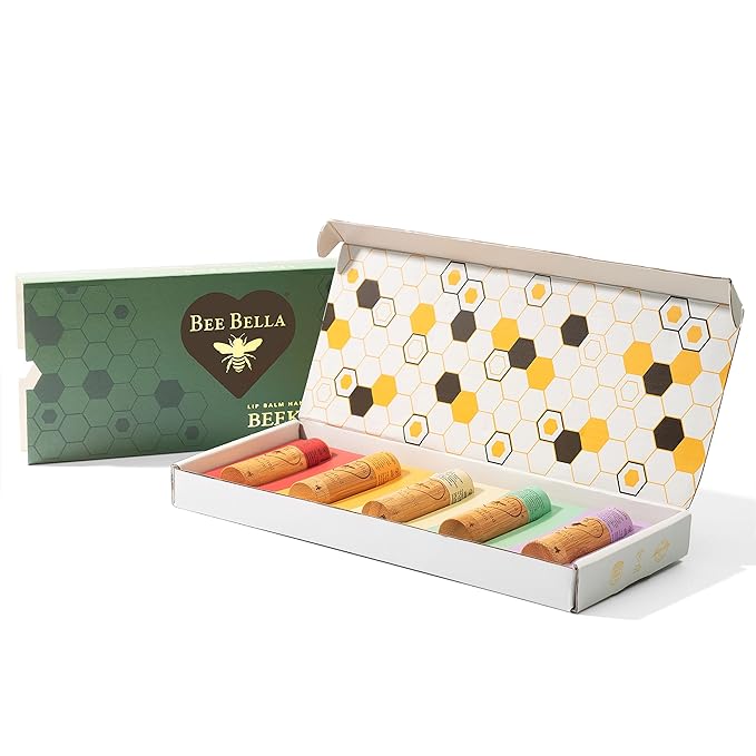 Bee Bella Lip Balm Variety Pack Gift Set, Cherry, Pomegranate Mango, Vanilla Bean, Peppermint, & Lavender Vanilla, 5 Pack - Hydrating, Moisturizing, Natural, Organic Beeswax, Vitamin E, Made in USA