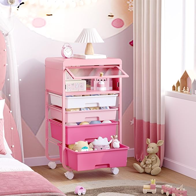 Utility-Rolling-Storage-Drawer-Craft-Cart-Organizers with 4 Drawers & Dust-Proof Door for Kid Craft Art Room,Bedroom,Home Office, Classroom, Rose Pink