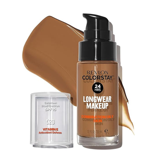 Revlon Liquid Foundation, ColorStay Face Makeup for Combination & Oily Skin, SPF 15, Medium-Full Coverage with Matte Finish, Cocoa (520), 1.0 oz