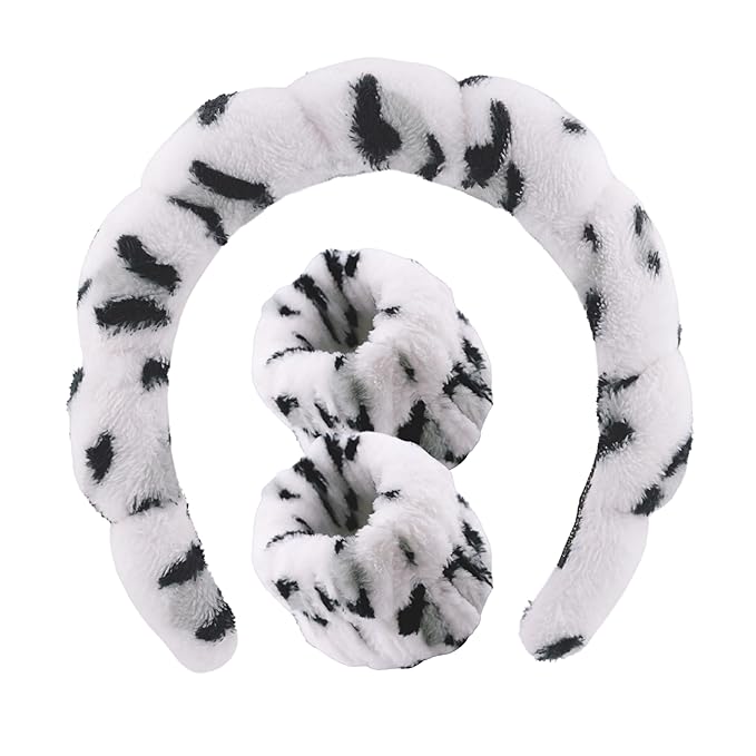 Spa Headband Wrist Band for washing face set Sponge Makeup Skincare Headband Wrist Towels Bubble Soft Terry Towel Cloth Hairband for Women Puffy Headwear Non Slip Thick Thin Hair Headwear (Leopard)