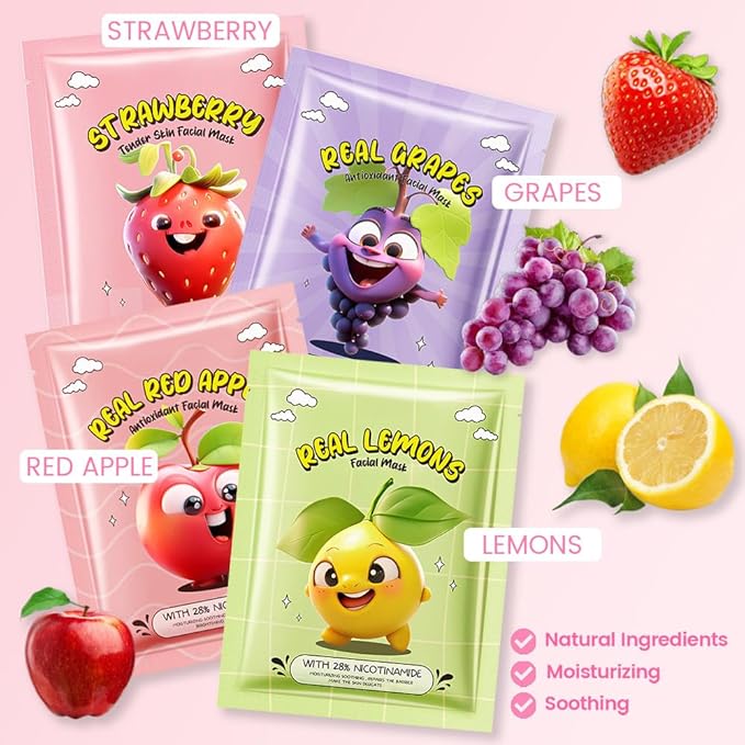 Kaely 8 Pack Fruit Face Masks for Kids, Kids Face Mask Spa Day Kit Supplies, Spa Party Favors for Teens Girls Women, Sheet Facial Mask Skincare Gifts Set, Moisturize Soothe for All Skin Types, 01