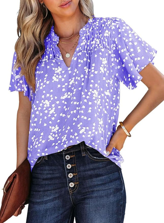 SHEWIN Women's Casual V Neck Floral Print Smocked Short Sleeve Chiffon Blouses Bohemian Top Shirts