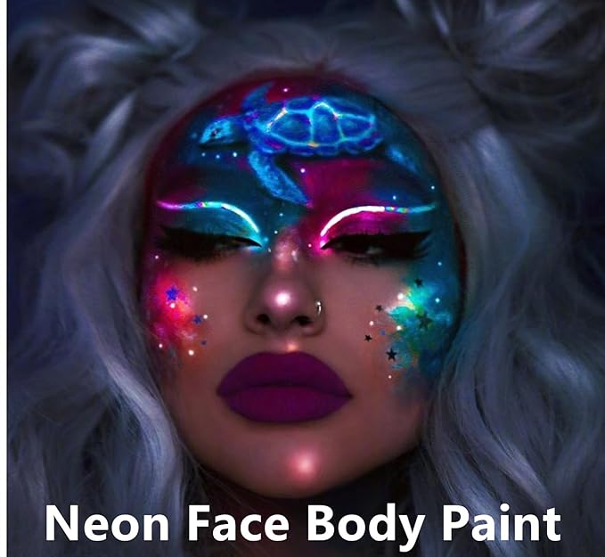 Go Ho Neon Blue Body Paint Washable(2.37oz,70ml),under UV Blacklight Neon Face Paint,Water Based Neon Fluorescent Blue Face Paint for Adults Children SFX Cosplay Costumes Festivals Halloween Makeup