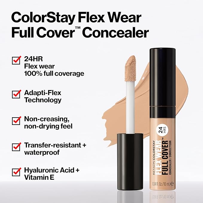 Revlon ColorStay Flex Wear, Full Cover Non-Creasing Concealer, Infused with Hyaluronic Acid & Vitamin E, Flexible Longwear, 076 Caramel, 0.34 Fl Oz