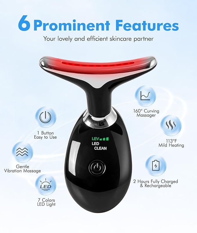 Red-Light-Therapy-for-Face-and-Neck, 7 Color Face Massager Tool for Wrinkles, Double Chin, Vibrating Facial Massager with Thermals for Skin Care, Glossy Black