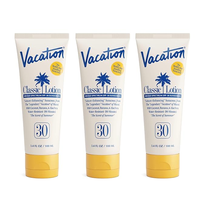 Vacation Classic Sunscreen Lotion SPF 30, Water-Resistant, Lightweight, Transparent on All Skin Tones, Dermatologist-Tested, Vegan, Travel Size, 3.4 Fl. Oz. (Value Pack of 3)