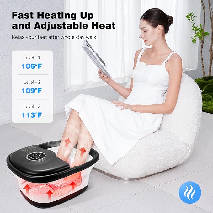 Collapsible Foot Spa Bath with Heat, Remote Control, Temperature Control, Bubbles, Pumice Stone, Red Light, Timer, 16 Massage Roller Pedicure Foot Spa Foot Soaker for Soothe & Relax Tired Feet