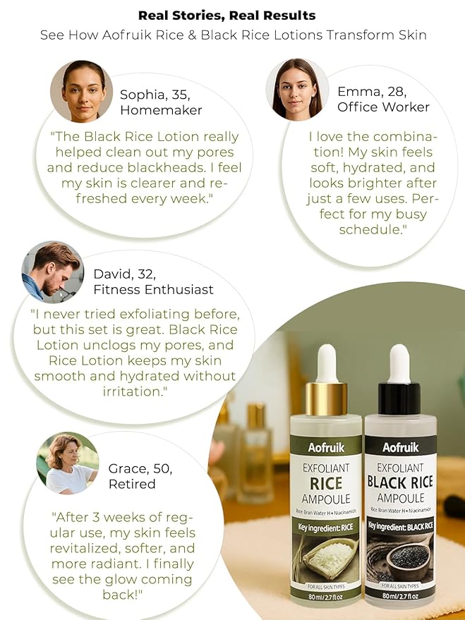 2Pcs Rice Exfoliating Ampoule Set, Black Rice and Rice Peeling Ampoule, Exfoliating Face and Body Scrub Dead Skin Cells, Blackheads Remover for All Skin Types (Rice)