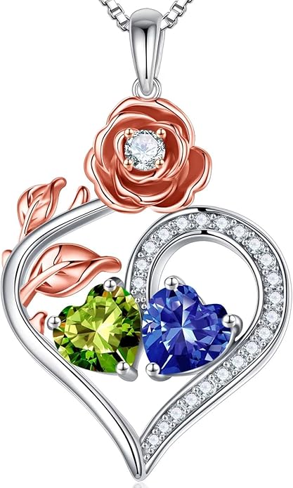 Iefil Rose Heart Birthstone Necklaces for Women - 925 Sterling Silver Double Birthstone Necklace, Anniversary Birthday Gifts for Women, Jewelry Gifts for Wife Her