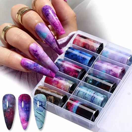 Marble Print Nail Art Foils Transfer Stickers 10PCS Marble Galaxy Pattern Nail Foils Adhesive Decals Nails Art Supplies Glossy Starry Sky Paper Transfer Slider for Women DIY Manicure Decorations