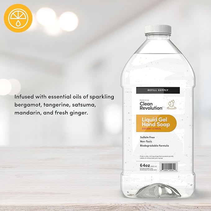 Clean Revolution Liquid Gel Hand Soap, Silky Rich Liquid, Quick Lather, Fast Rinsing, Contains Real Essential Oils (Dreamy Citrus) 64 Fl Oz