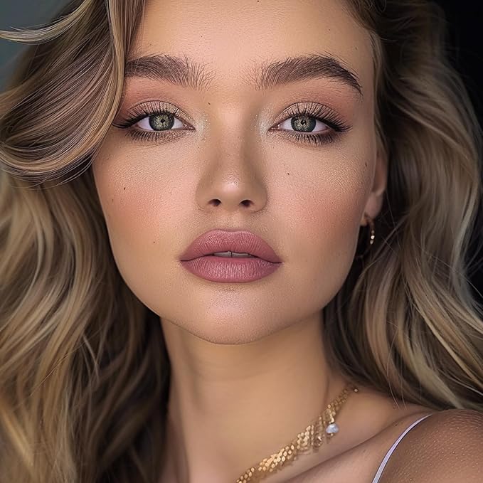 QiBest Nude Rose Pink Cream Lipstick with Lip Liner Makeup Set for Women, Soft Matte Lip Stick Silk Finish with LipLiner Pencil 24 Hours Original Waterproof Labials, Velvety & Non-Drying Formula