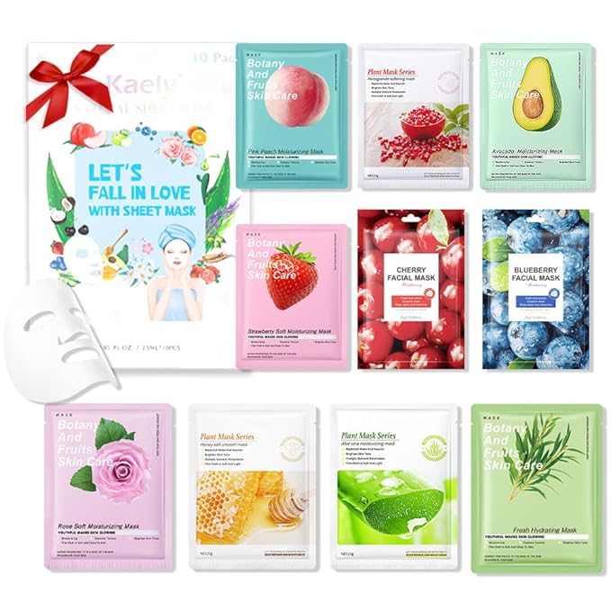 Kaely 10 Pack Variety Face Masks for Kids, Kids Face Mask Spa Day Kit Supplies, Spa Party Favors for Teens Girls Women, Sheet Facial Mask Skincare Gifts Set, Hydrating Nourish for All Skin Types, 02