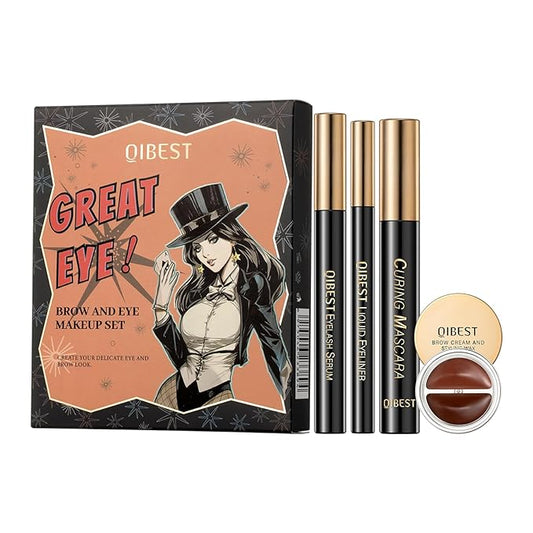 Jolilab 4 Pcs Eye Makeup set.Makeup kit includes lash serum,Mascara,Brow cream,Liquid eyeliner.Waterproof Smudgeproof Long Lasting.Gift Kit for Women Girls(4 Pcs Set)