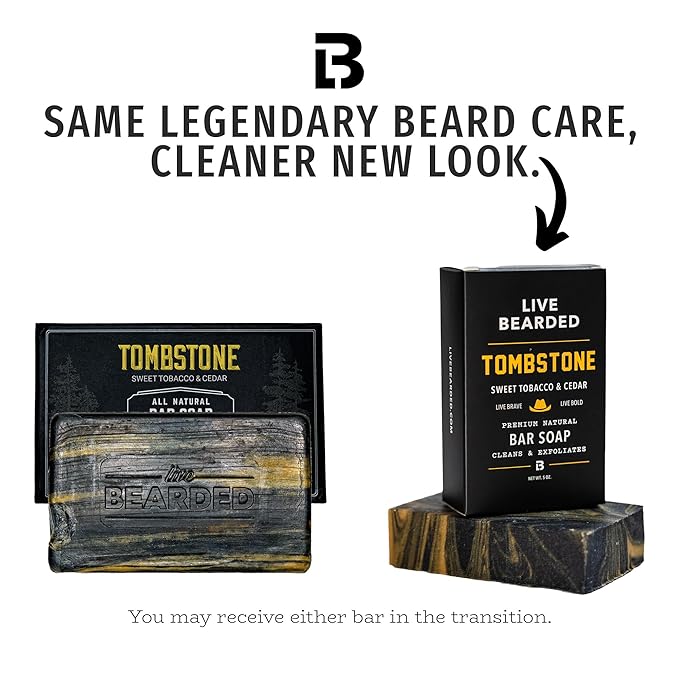 Live Bearded All-Natural Bar Soap for Men, 3-Pack of 5 oz - Made in the USA - Exfoliates and Moisturizes - Charcoal, Pumice, Shea Butter | Tombstone Scent - Sweet Tobacco, Cedar