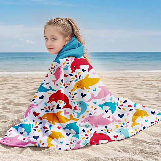 Dolphin Hooded Beach Towel for Boy, 30" x 50" Water Droplets Kids Poncho Bath Towel for Toddler, White & Light Blue Soft Absorbent with Hood for 3-10 Years Bathrobe for Swimming Pool Bath