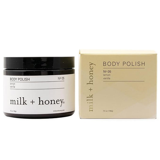 milk + honey Exfoliating Body Scrub No. 5 – Natural Sea Salt & Sugar Polish with Coconut, Lemon & Vanilla – Gentle Scrub for Sensitive Skin, Women & Men – 7 oz