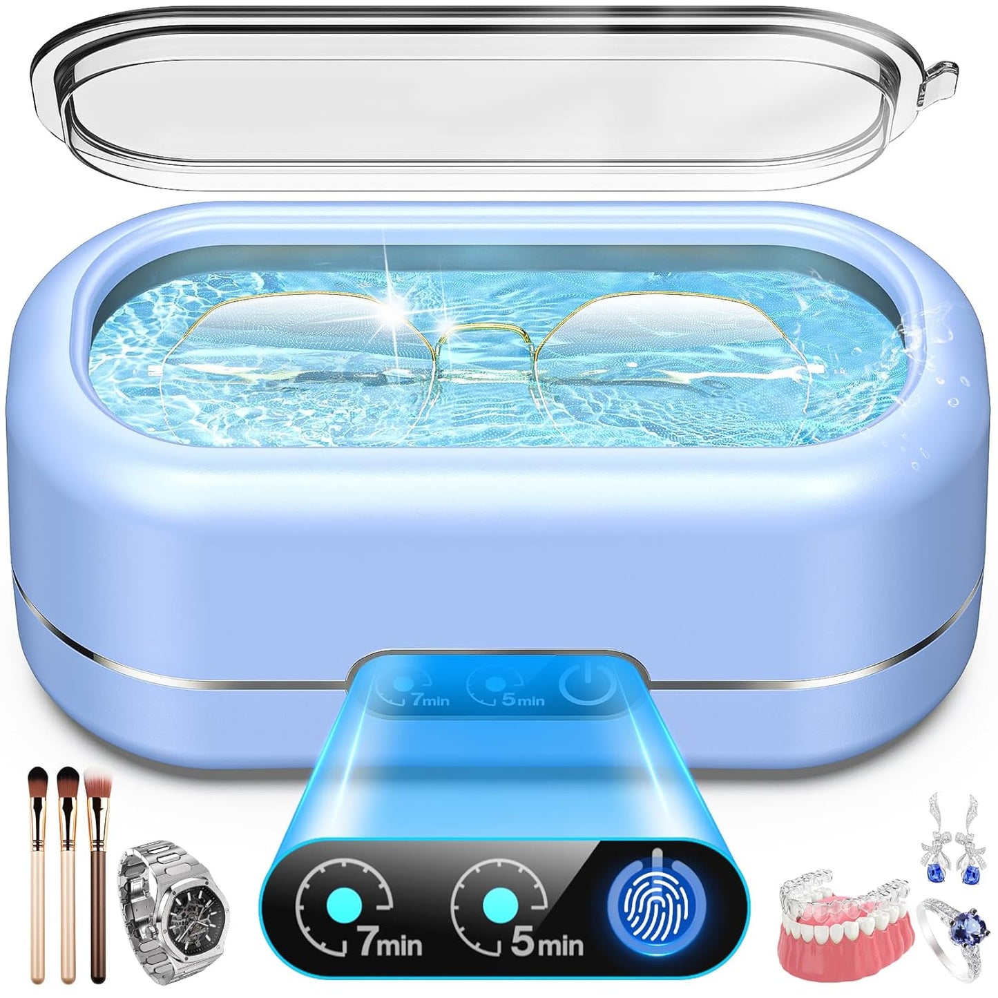 Professional Ultrasonic Jewelry Cleaner with Digital Timer,50KHz Ultrasonic Cleaner Machine with 304 Stainless Steel for Jewelry,Eyeglasses, Rings, Coin, Watch Strap, Dentures, Hygiene Items (Blue)