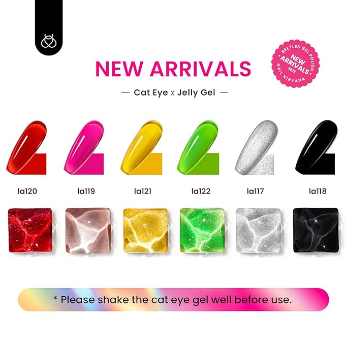 Beetles Gel Nail Polish Set, 6 Colors Silver Cat Eye Gel Polish Sheer Jelly Red Pink Yellow Green Black Neon Gel Translucent Glitter Effect with Magnet Soak Off UV Manicure Gifts for Women