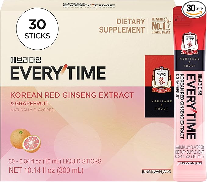 JUNG KWAN JANG Everytime Korean Red Ginseng Extract Stick 1,000mg & Grapefruit - Vegan Ginseng Root Energy Drink Liquid Stick Supplements - Builds Stamina & Immunity, No Caffeine (30 Sticks)