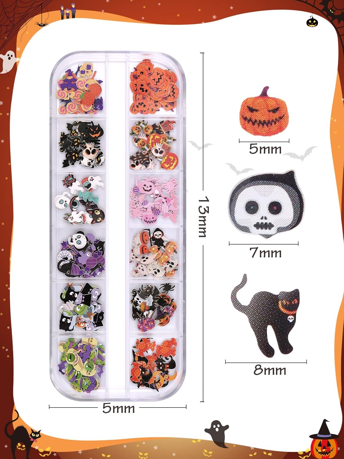 Kalolary Halloween Nail Art Sequins, 3D Skull Spider Pumpkin Bat Ghost Witch Stickers for Acrylic Nails, Halloween Wood Pulp Glitter Flakes for Nail Art Decorations