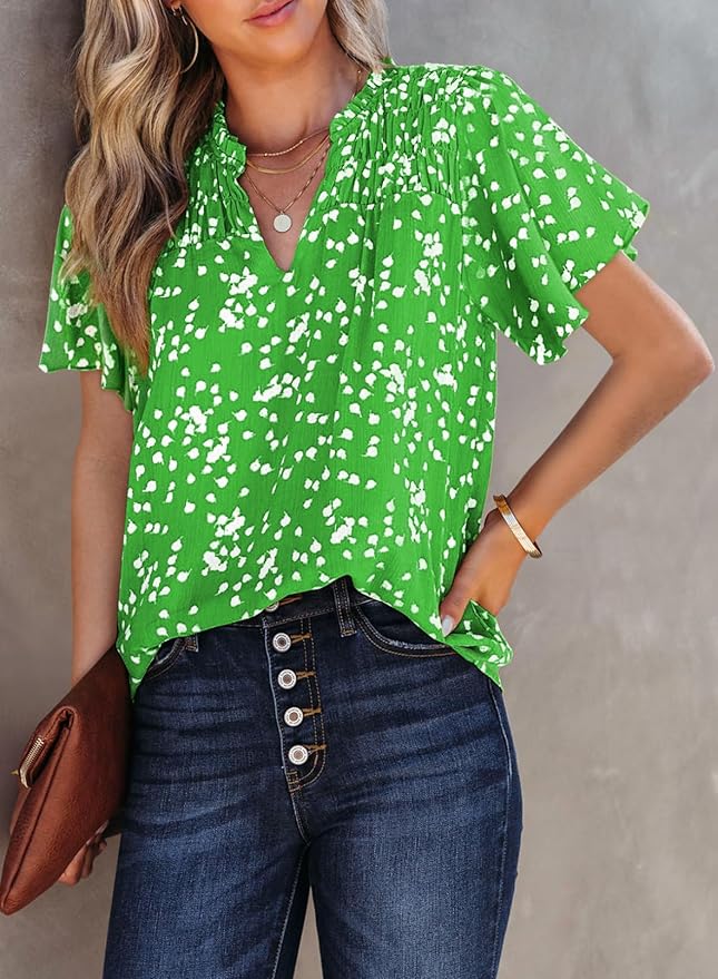 SHEWIN Women's Casual V Neck Floral Print Smocked Short Sleeve Chiffon Blouses Bohemian Top Shirts