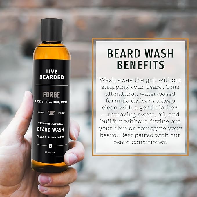 Live Bearded Beard Wash, 8 fl oz - Water-Based Face Cleanser with All-Natural Ingredients for a Gentle, Deep Clean - Made in the USA | Forge Scent - Hinoki Cypress, Clove, Amber