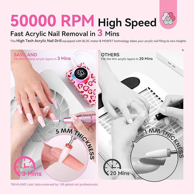 SAVILAND Electric Nail Drill Professional: 50000 RPM Electric Nail File Rechargeable Cordless Nail Drill Kit with Ceramic Drill Bits for Quick Acrylic Nail Removal Ambient Light Leopard Heart Print