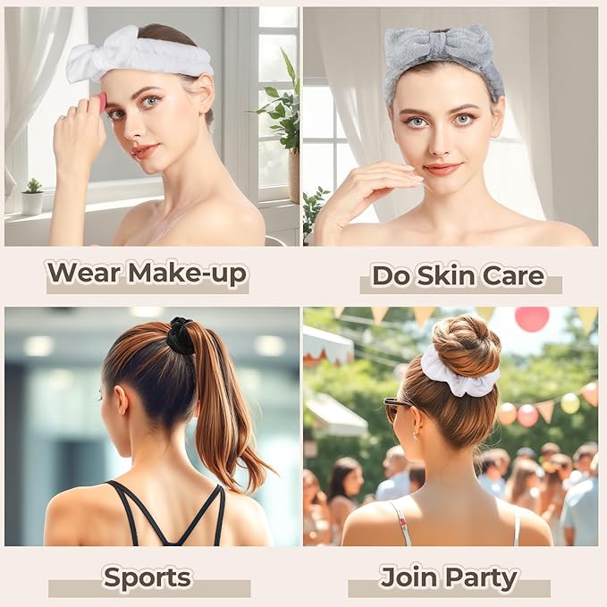 LEOBRO Spa Headband for Skin Care and Makeup, Women Teen Girls Headband for Washing Face, with Hair Bands, Hair Scrunchies, Black & White & Gray