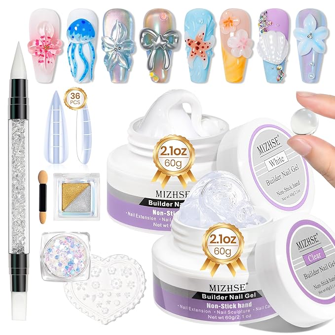 MIZHSE 2PCS 60g Clear and White Solid Builder Gel for Nails, 3D Sculpting Gel for Nail Art with Gold Silver Chrome Powder Nail Form Molding Builder Gels Kit for Women Home DIY Manicure