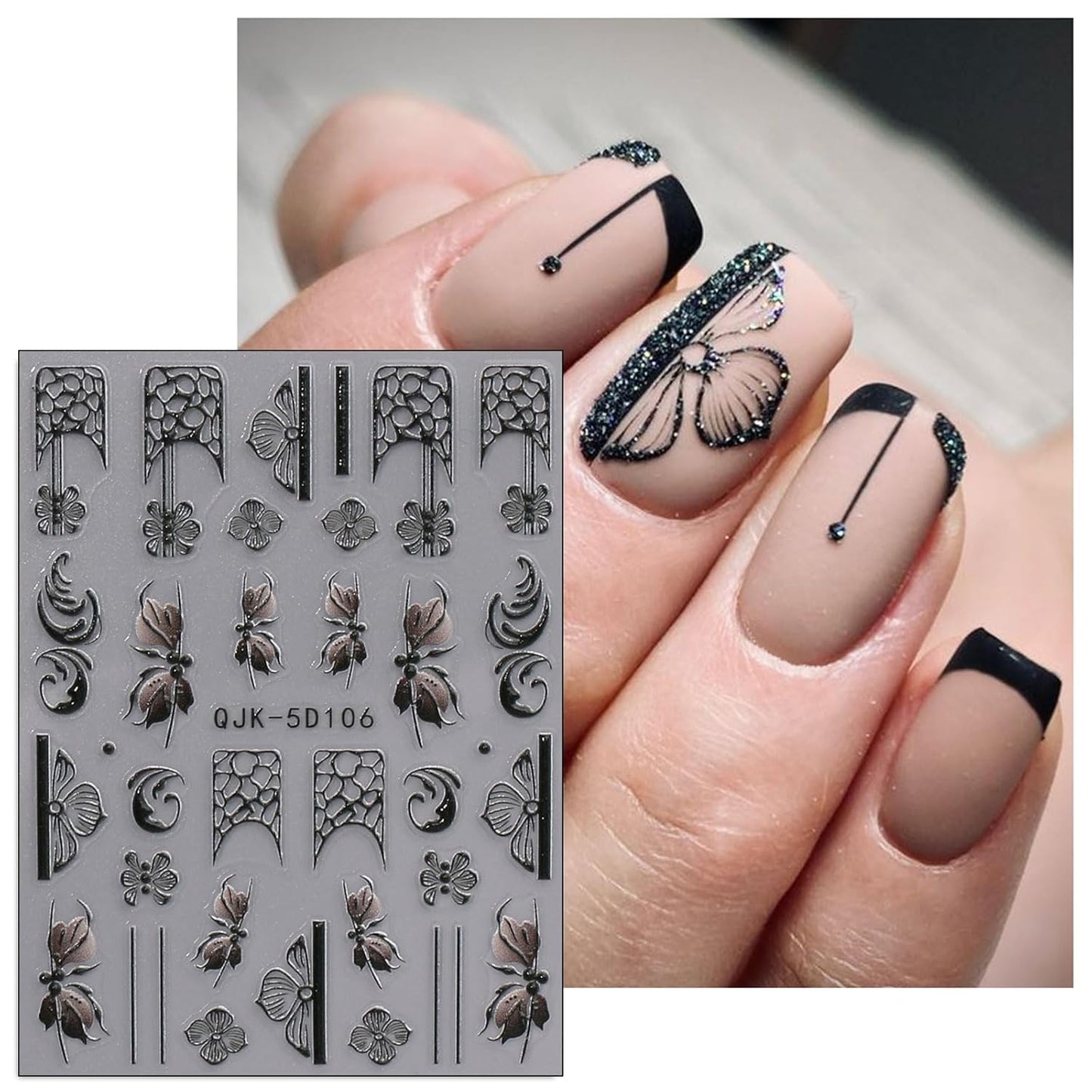 JMEOWIO 3D Embossed Black White Flower Nail Art Stickers Decals Self-Adhesive Pegatinas Uñas 5D Leaves Lace Nail Supplies Nail Art Design Decoration Accessories 4 Sheets