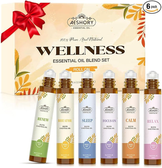 Essential Oils Roll On Set(Calm, Relax, Breathe, Focus on, Sleep, Renew), Natural Aromatherapy Oil Blend Kit with Roller Ball for Massage, Body Skin Care, Home, Relaxation Gift for Women & Men