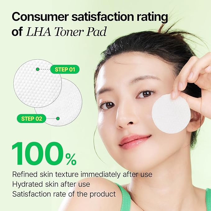 LHA Toner Pad, Mild Exfoliating Facial Pads for Glass Skin, Hydrating, Ideal for All Skin Types, Korean Skin Care, Vegan (60 Pads)