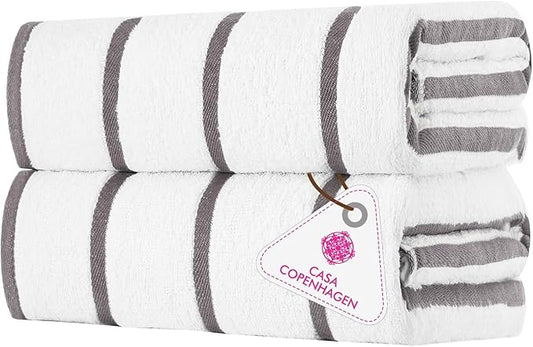 CASA COPENHAGEN Cabana Pool Bath Sheet, 70" x 35", Designed in Denmark Rough and Tough, Quick Dry, for Pool, Bath, Beach & Shower 2 Piece Cotton Pool Towels Set - White Grey Stripe