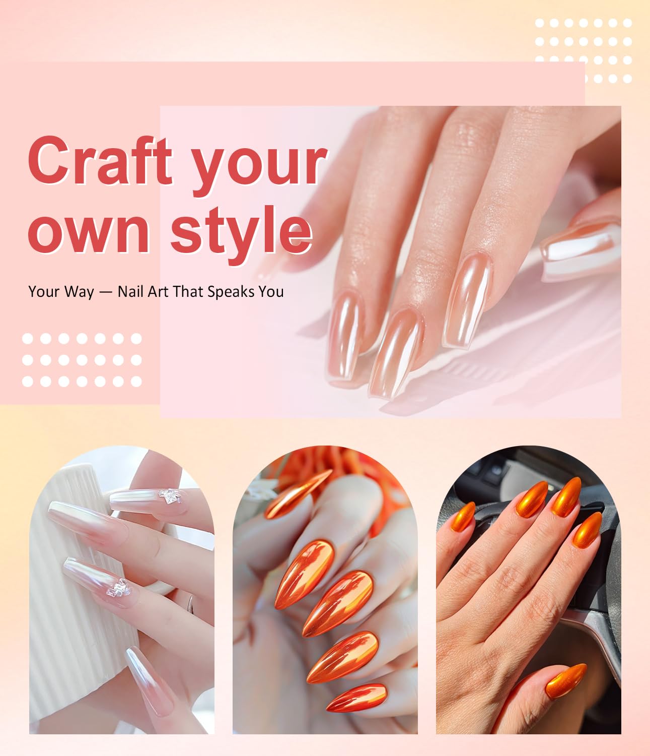 Pearl Chrome Nail Powder BISHENGYF -【Metallic Mirror Effect】 Orange Chrome Nail Powder White Clear Aurora Mermaid Iridescent Chrome Powder for Nails Pigment Glitter Dust for Manicure Decroation DIY